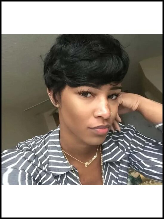 Virgin Human Hair Pixie Cut Wig Short Layered Bangs Machine Made Glueless